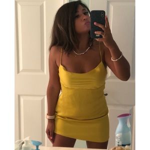 Mustard yellow, satin mini dress